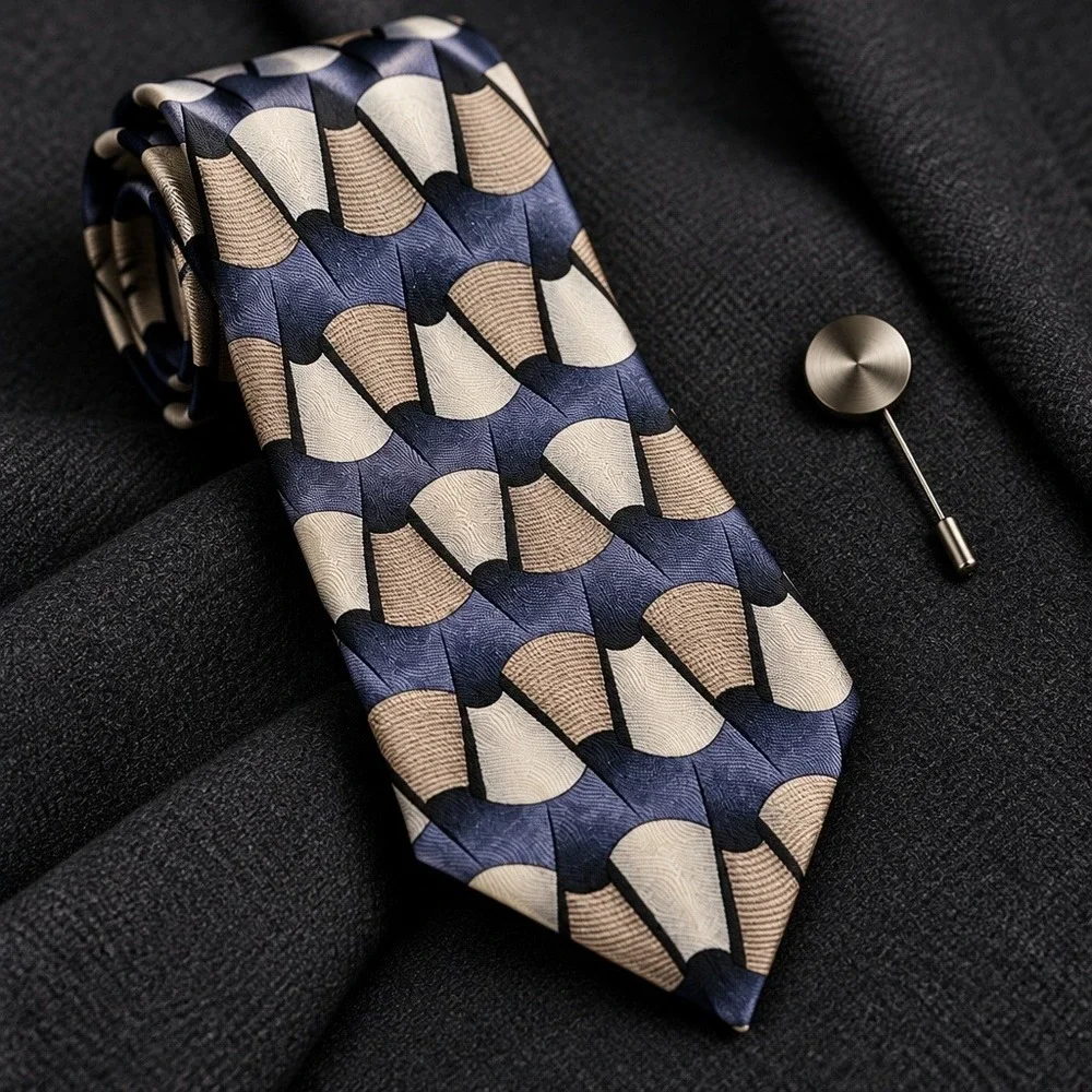 Ziggurat Mulberry Neckwear Mens Silk Tie Blue Taupe Geometric Fan Art Deco 4